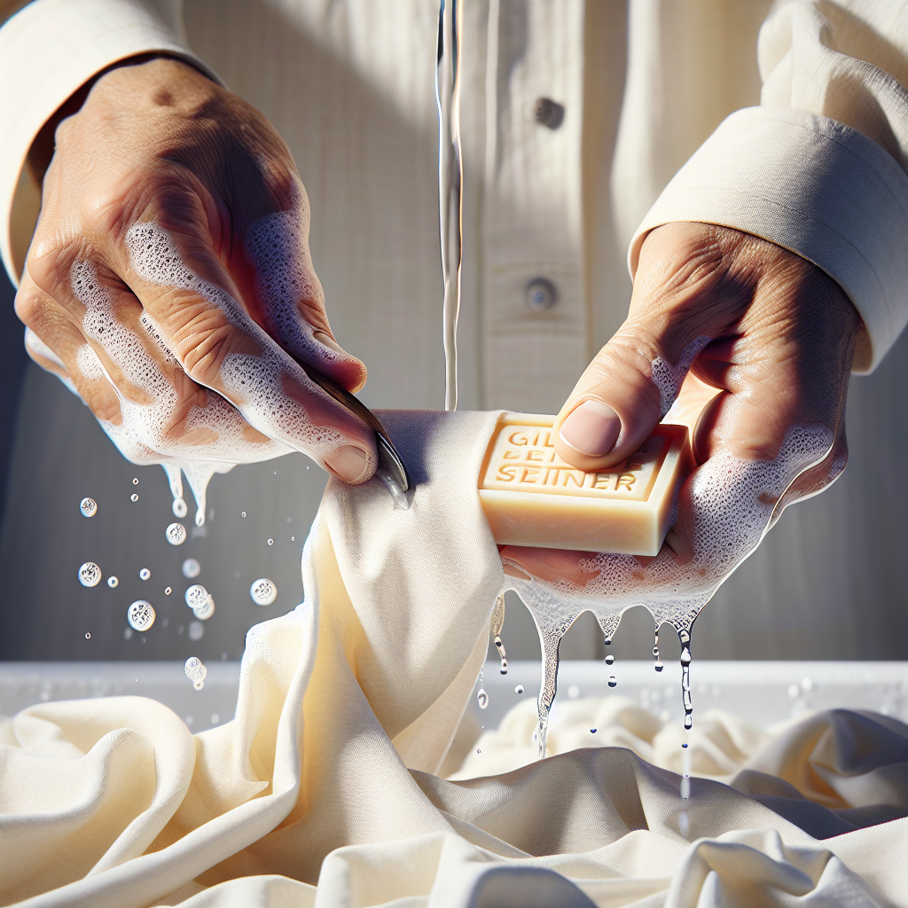 A pair of hands is actively working on removing a self-tanner stain from a piece of light-colored fabric. One hand holds a bar of Gallseife (bile soap), while the other gently rubs the fabric under a stream of water, creating a few bubbles. The scene is set in a clean, brightly lit laundry room or bathroom. Realistic photo, focus on the cleaning action.