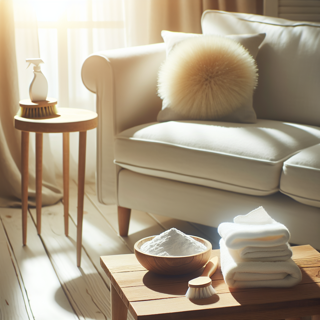 A pristine, fresh-looking sofa in a sunlit and cozy living room, exuding cleanliness. A small, rustic bowl of baking soda, a soft brush, and a neatly folded white cloth are artfully arranged on a nearby wooden side table, symbolizing natural and effective home cleaning.