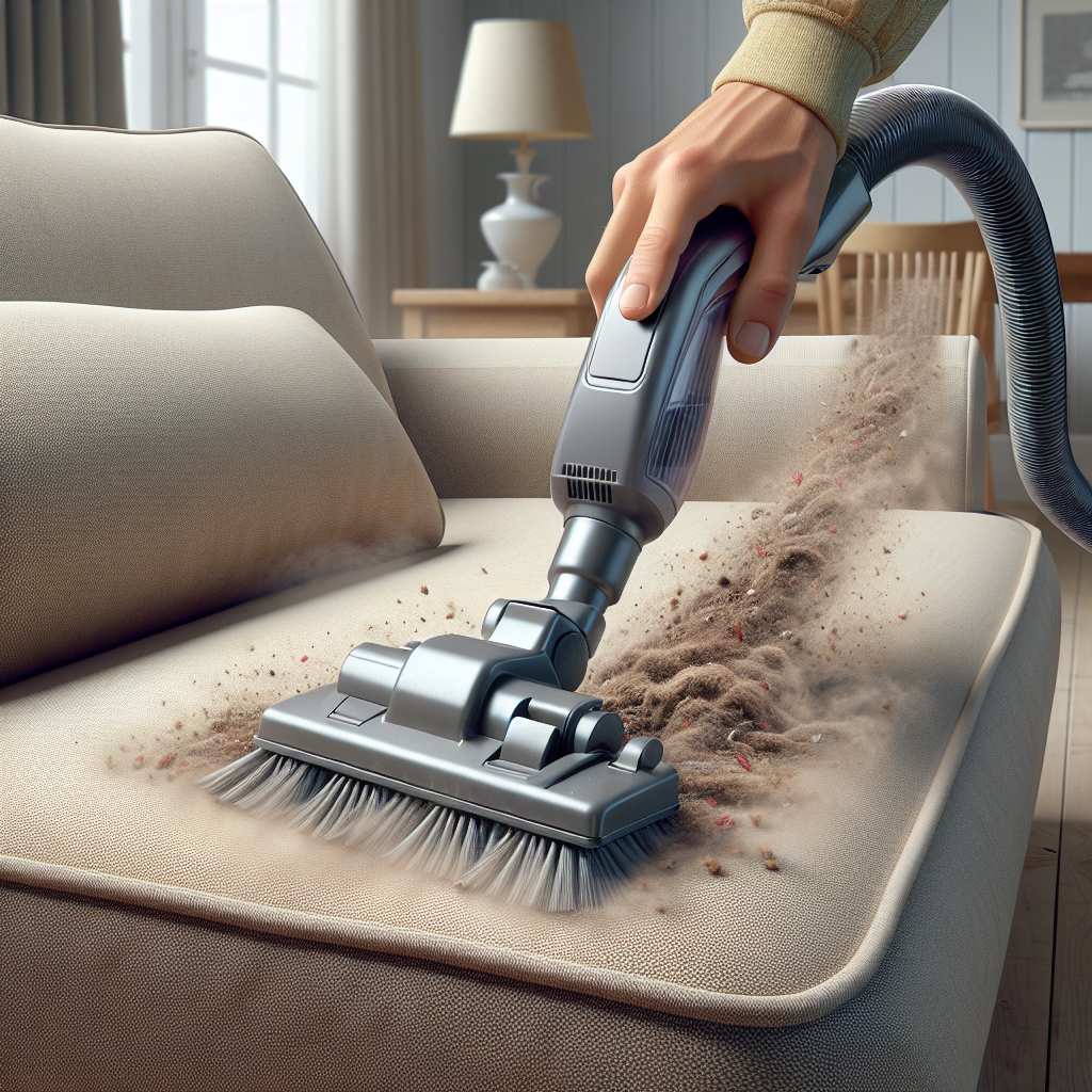 A close-up of a hand holding a vacuum cleaner upholstery attachment, effectively cleaning a beige fabric sofa, lifting dust and crumbs. The sofa looks well-loved but is in the process of being refreshed. Bright, clean living room background. Realistic, high detail.