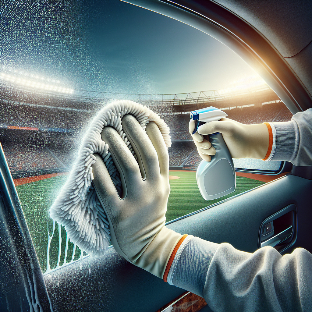 A person's hands, wearing light work gloves, carefully cleaning a white sunscreen stain from a dark car door panel. One hand gently wipes the residue with a soft microfiber cloth, while the other holds a spray bottle or a damp sponge. The scene is bright and clean, emphasizing effective cleaning. Realistic, automotive detailing photography style.