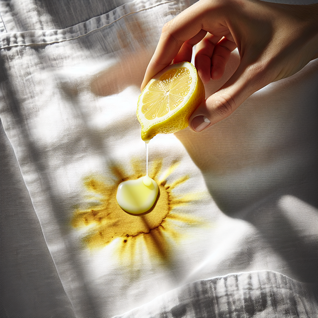 A bright, clean image showing a hand squeezing fresh lemon juice onto a small, faded yellow sunscreen stain on a piece of white fabric, which is laid out under strong, natural sunlight. Sun rays are visible, creating an optimistic and fresh atmosphere, depicting the natural bleaching process. Realistic and crisp photography.