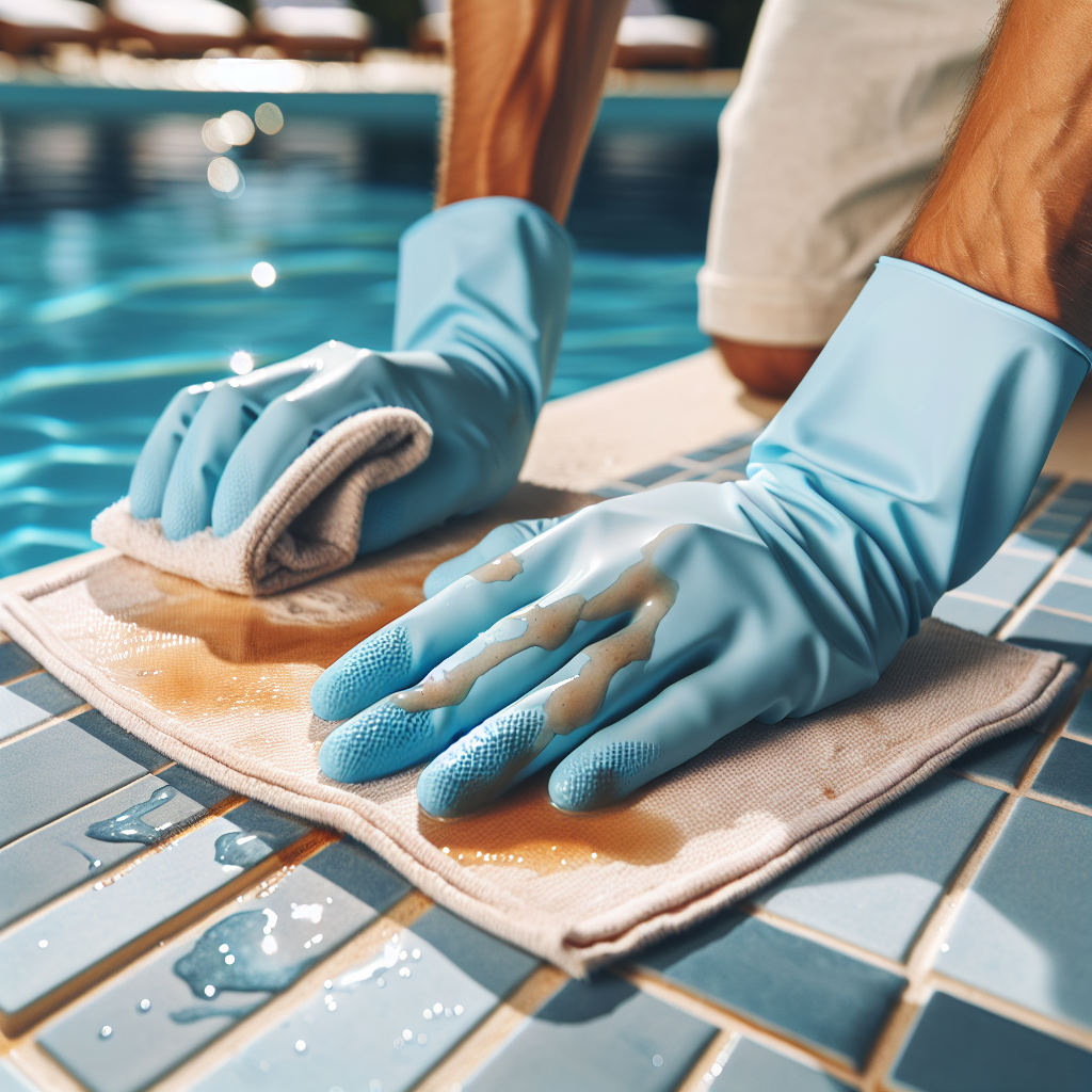 A pair of hands, wearing light blue cleaning gloves, actively scrubbing a visible, oily sunscreen and chlorine stain off a section of a light blue pool tile or a white bath towel with a cleaning cloth. Water droplets are visible, and the focus is on the cleaning action. Bright, realistic lighting, with a blurred swimming pool background.