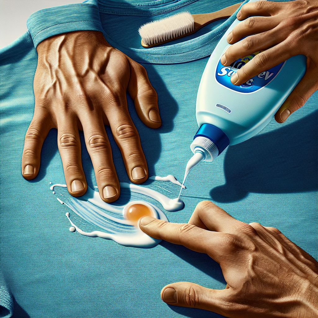 A pair of hands gently dabbing a drop of liquid dish soap onto a fresh sunscreen stain on a vibrant blue cotton shirt. A soft brush or finger is carefully working the soap into the fabric. Bright, clean background, realistic and helpful photography.