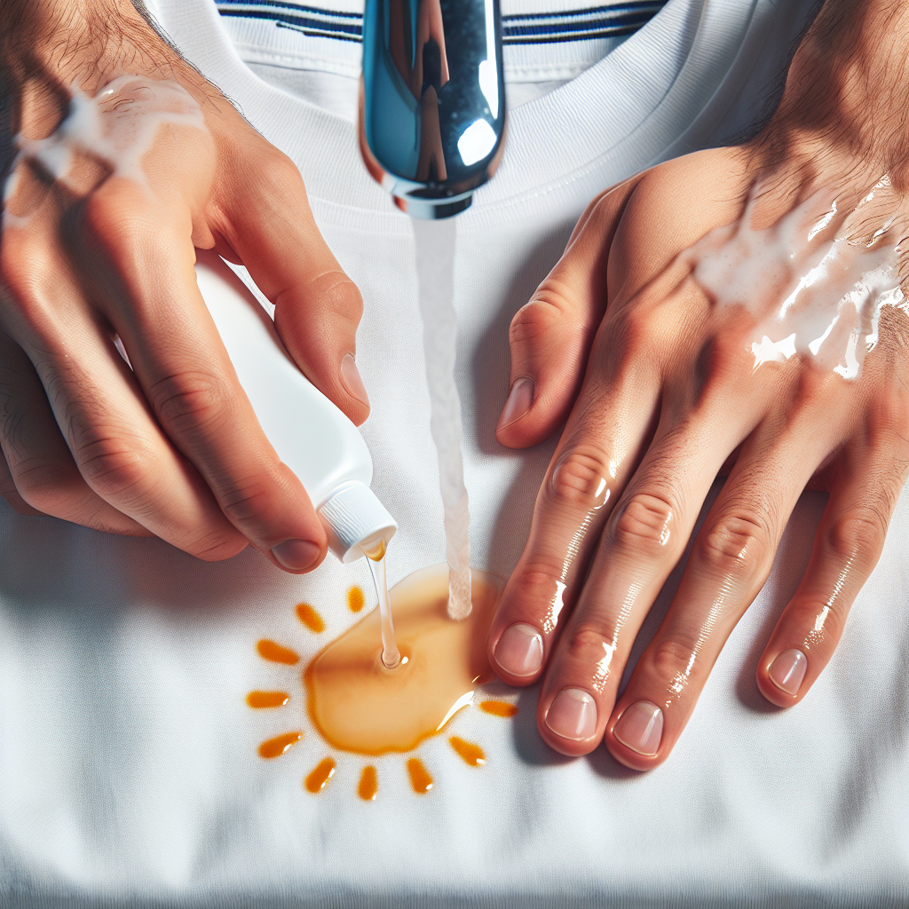 Close-up shot of a white t-shirt being pre-treated to remove a sunscreen stain. A person's hands are gently rubbing a small amount of liquid soap or gall soap directly onto a yellow stain on the fabric, under running cold water from a faucet. Bright, clean aesthetic, emphasizing the cleaning process.