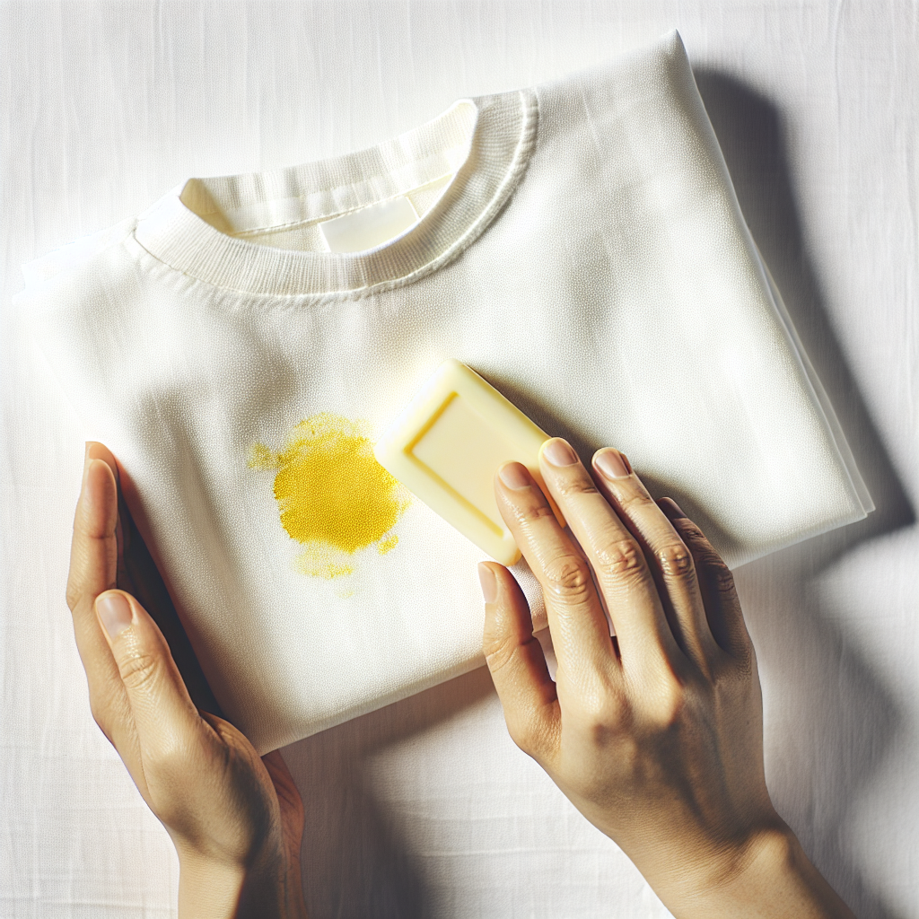 A top-down view of hands gently rubbing a bar of white or light-colored soap (representing Gallseife) directly onto a small, yellowish sunscreen stain on a crisp, pristine white cotton towel or t-shirt. The fabric is spread out on a clean, light-colored surface. Bright, clean aesthetic, realistic, focus on the cleaning process.