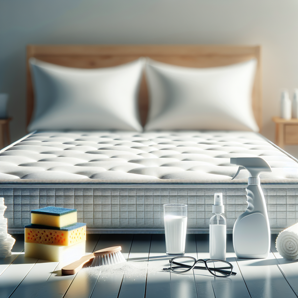 A perfectly clean, pristine white mattress in a bright, airy bedroom. Neatly arranged cleaning supplies like a spray bottle, a box of baking soda, and a clean sponge are visible nearby. The image conveys freshness, hygiene, and comfort. Soft, bright lighting, realistic photo.
