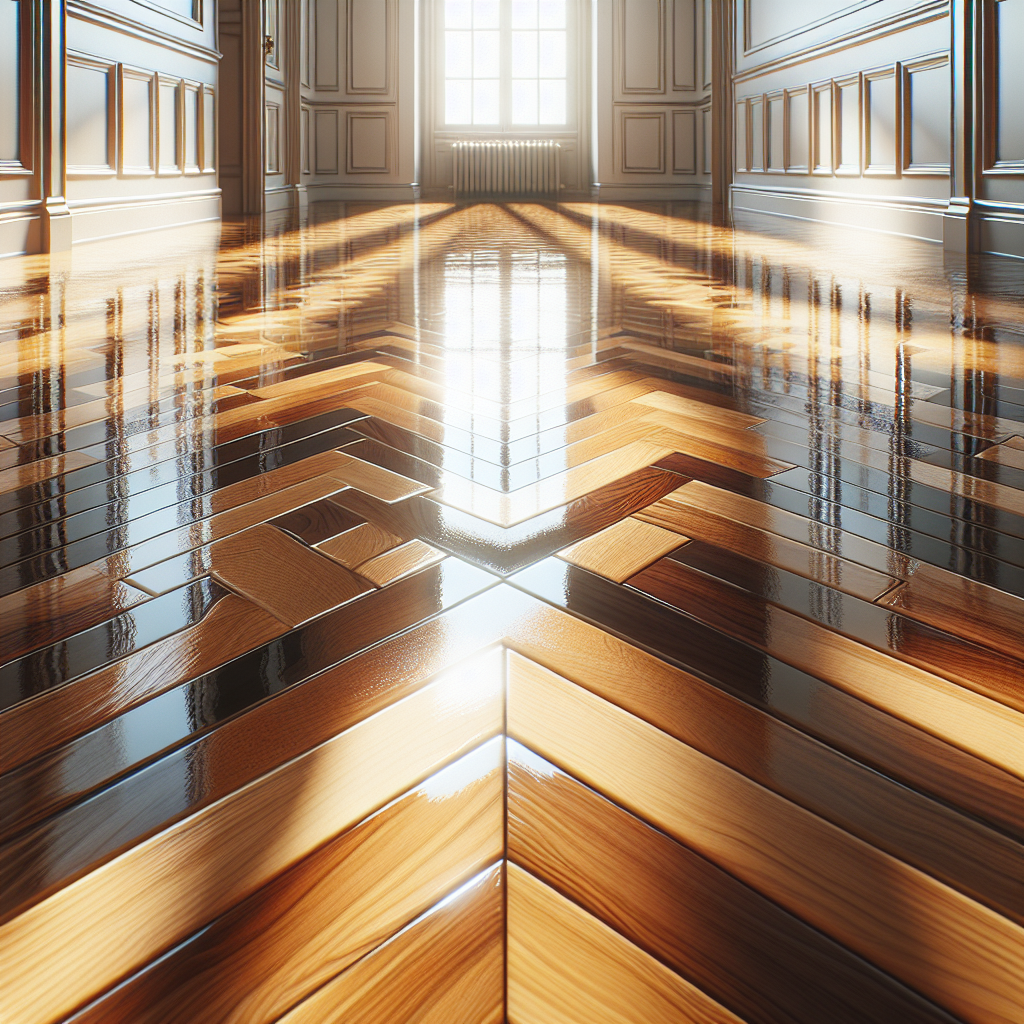 A wide-angle, low-perspective shot of a pristine, shiny parquet floor. The wooden planks gleam with a brilliant, reflective luster, reflecting sunlight streaming in from a window. The surface is so polished that it creates a clear, almost mirror-like reflection. The floor looks perfectly clean and restored to its original glory. Elegant and bright, conveying a sense of freshness and newness.