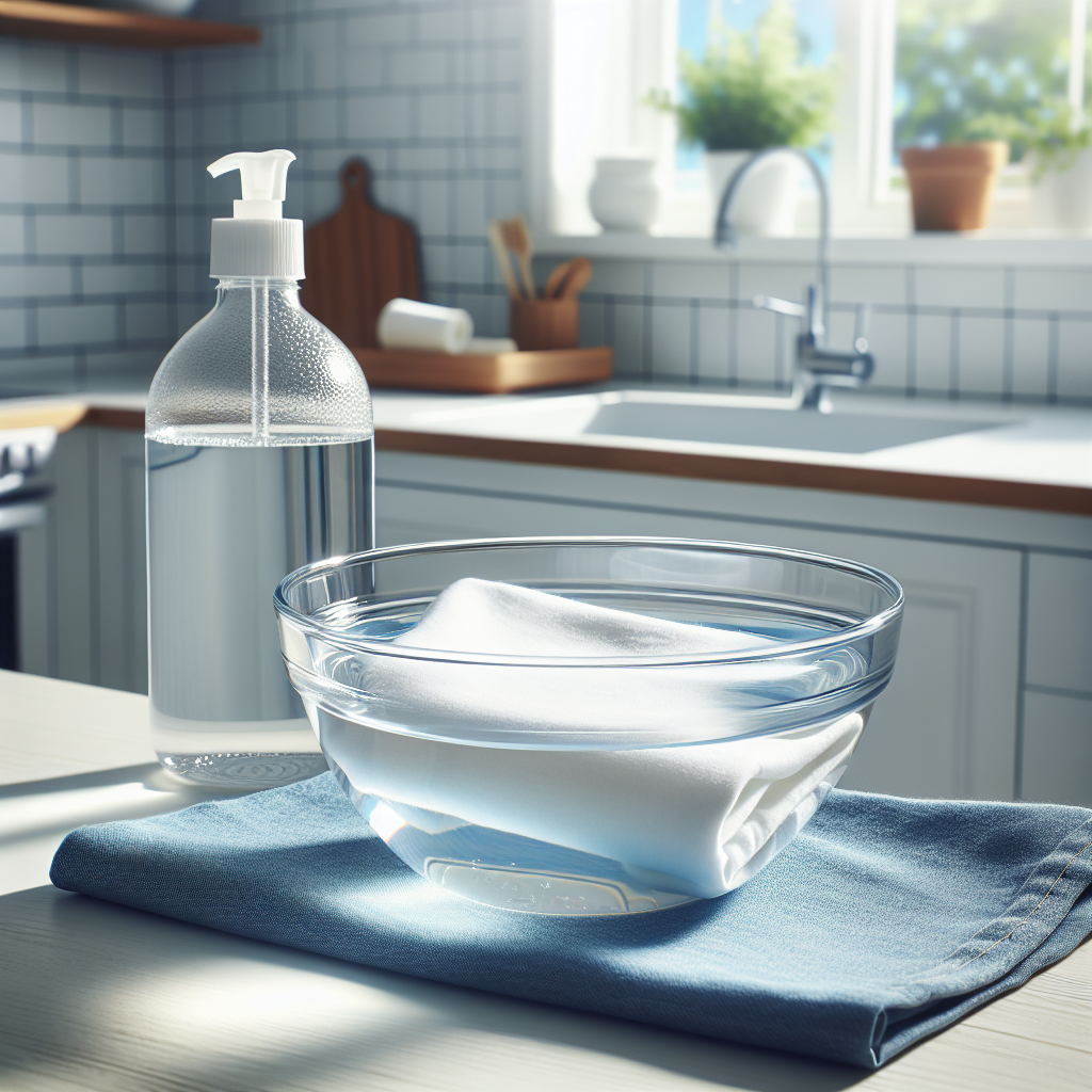 A realistic photographic scene of a white t-shirt being gently soaked in a glass bowl filled with water and a clear liquid, representing vinegar or citric acid solution. The setting is a clean, bright kitchen counter, with a bottle of a household cleaning ingredient subtly in the background, emphasizing a DIY home remedy for stain removal.