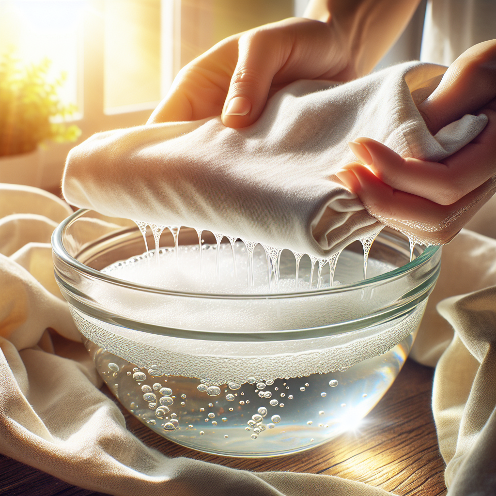 A close-up shot of hands gently immersing a slightly off-white t-shirt into a clear glass bowl filled with water and effervescent baking soda. Sunlight streams through a nearby window, casting a warm glow and suggesting a natural, effective cleaning process. The setting is a bright, clean home environment, conveying a sense of easy and safe DIY textile care. Realistic, high resolution, focus on fabric texture and water dynamics.