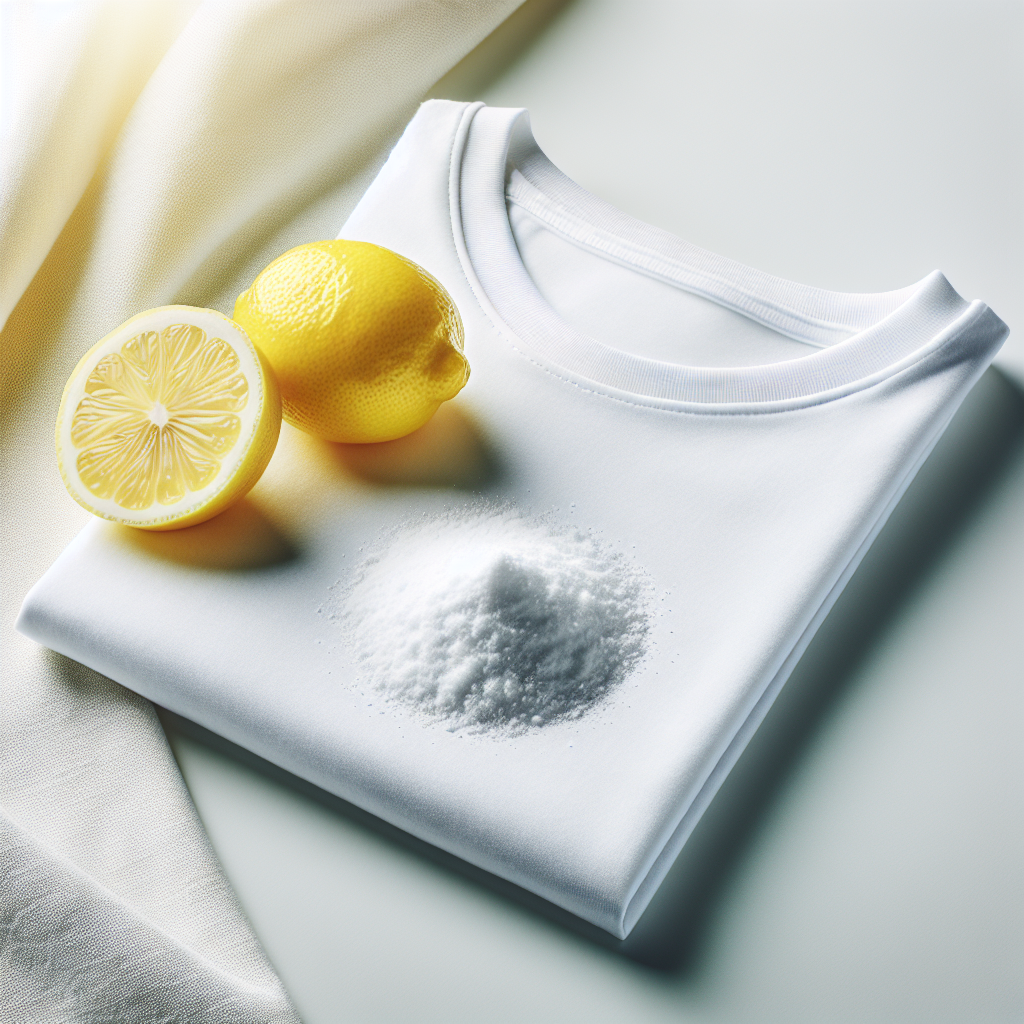 A perfectly clean, pristine white t-shirt, folded neatly on a light, clean surface. Next to it are a cut lemon and a small pile of white baking soda, symbolizing natural cleaning solutions. Bright, high-key photography, fresh and optimistic mood.