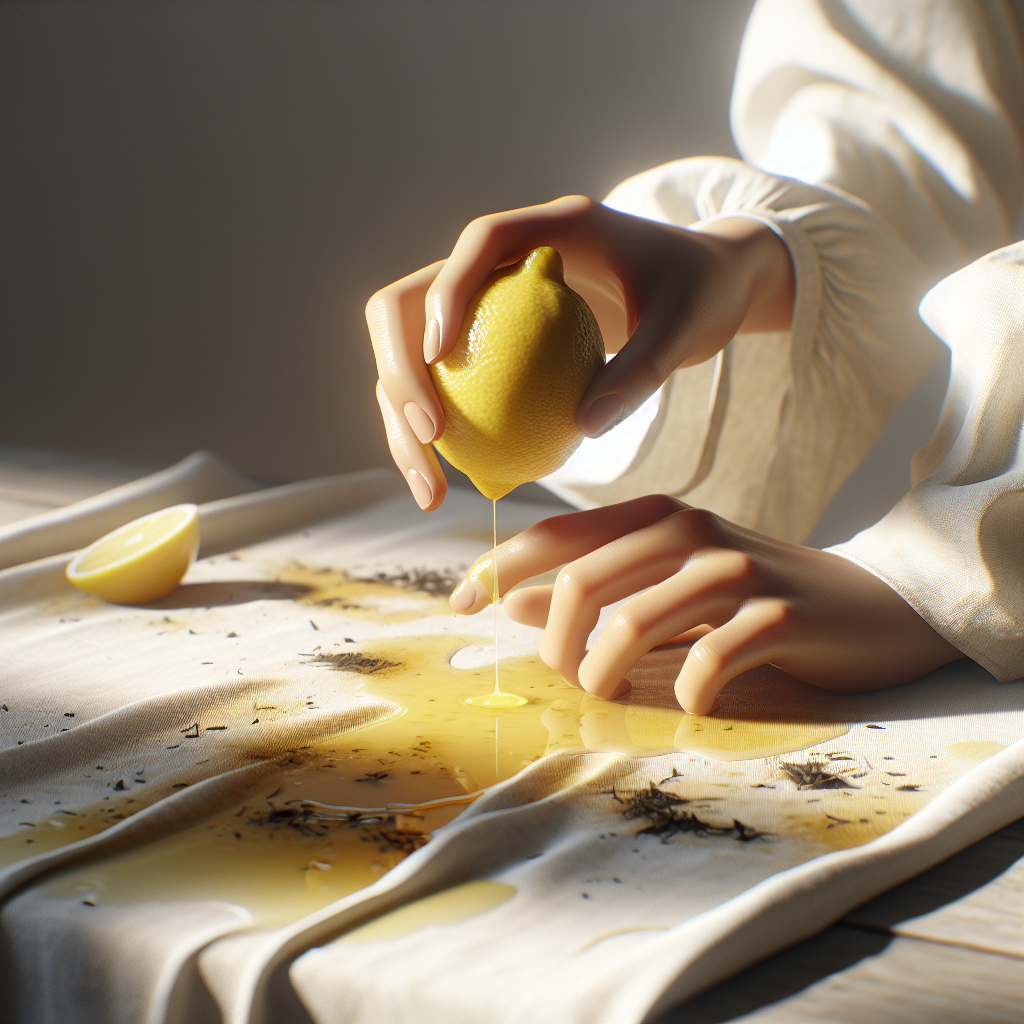 A pair of hands gently squeezing fresh lemon juice onto a visible, dried tea stain on a light-colored fabric surface, possibly a tablecloth or a piece of clothing. The scene is bright and clean, emphasizing the natural remedy in action. Sunlight filters into the frame, highlighting the lemon and the fabric. Photorealistic, soft focus in the background.