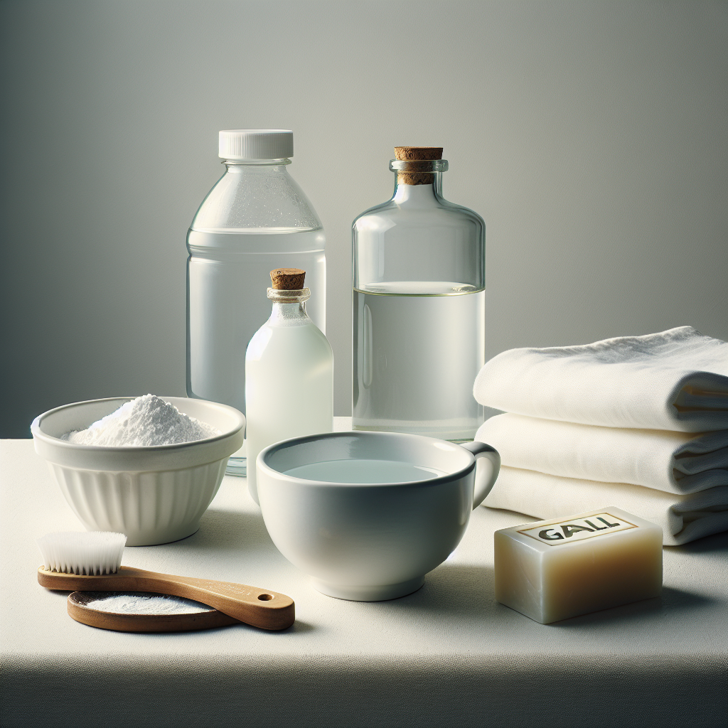A bright, clean still life image showcasing various home remedies for stain removal. On a smooth, light-colored kitchen counter, arrange a small bowl of white baking soda, a bottle of clear vinegar, and a classic bar of gall soap. Next to them, a perfectly clean white teacup or a neatly folded piece of white fabric, free of any stains. Soft, diffused lighting, conveying cleanliness and effectiveness. Realistic, high-quality photograph style.