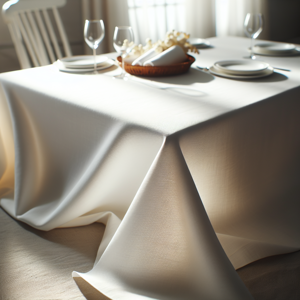 A pristine, bright white linen tablecloth, impeccably clean and perfectly smooth, glowing softly under gentle, natural light. No stains are visible, conveying a fresh, pure, and radiantly clean appearance. Elegant and inviting atmosphere, high detail.