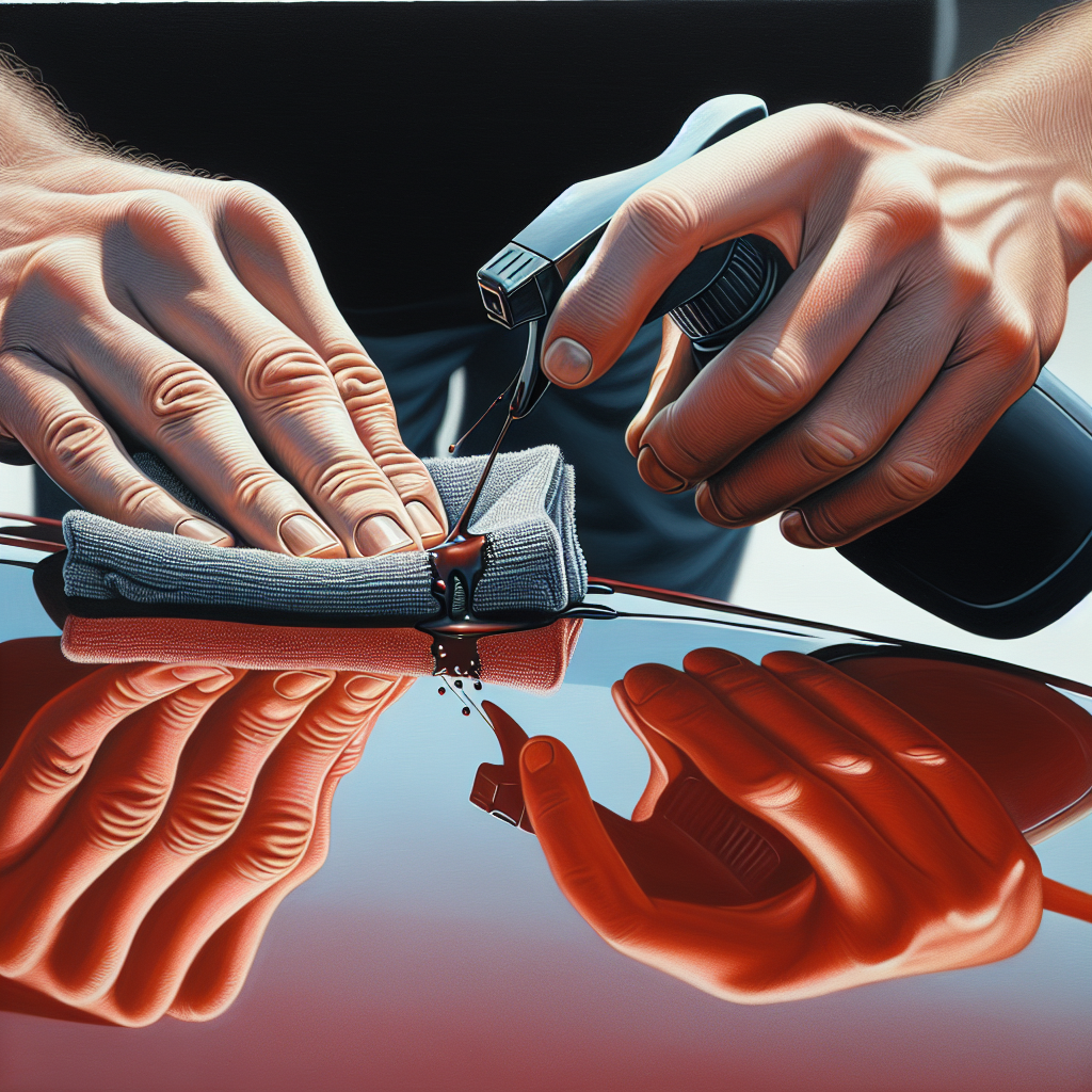 A pair of hands, one holding a generic, unlabeled cleaning spray bottle and the other carefully dabbing a stubborn dark tar spot on the glossy, red paint of a car fender with a clean microfiber cloth. The focus is on the precise, gentle action, with a subtle reflection of light on the car's surface, set in a clean, outdoor environment.