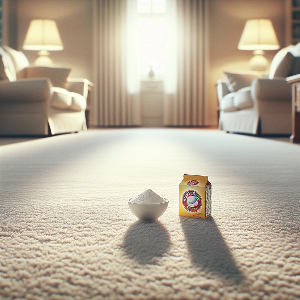 A pristine, clean light-colored living room carpet, free of any stains, bathed in warm, soft natural light. In the foreground, slightly out of focus, is a small, open box of baking powder, subtly symbolizing the secret to the carpet's cleanliness. Cozy home interior aesthetic, realistic photography.