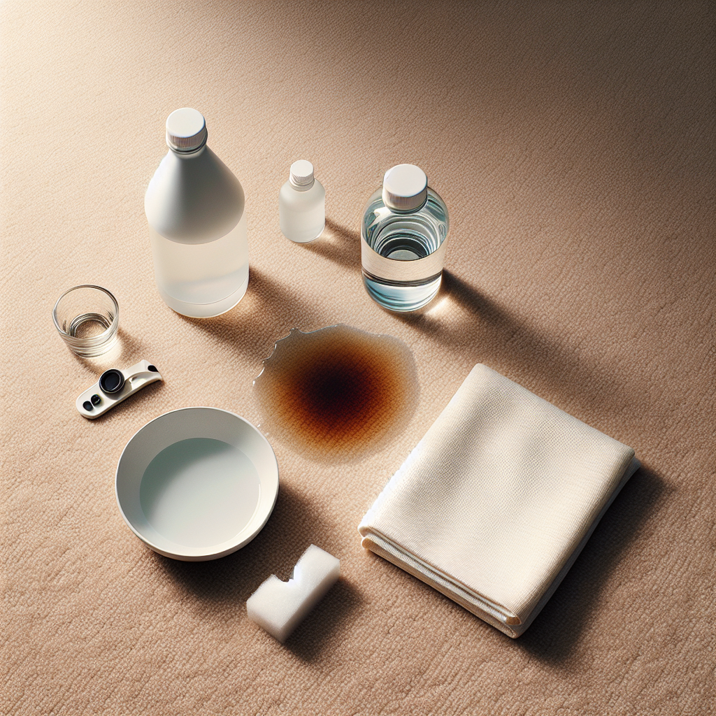 A minimalist flat lay composition showing a bottle of white household vinegar, a clean white microfiber cloth, and a small bowl of water, arranged next to a subtle, dried coffee stain on a beige carpet. The scene is well-lit, with a clean and tidy aesthetic, in a product photography style.