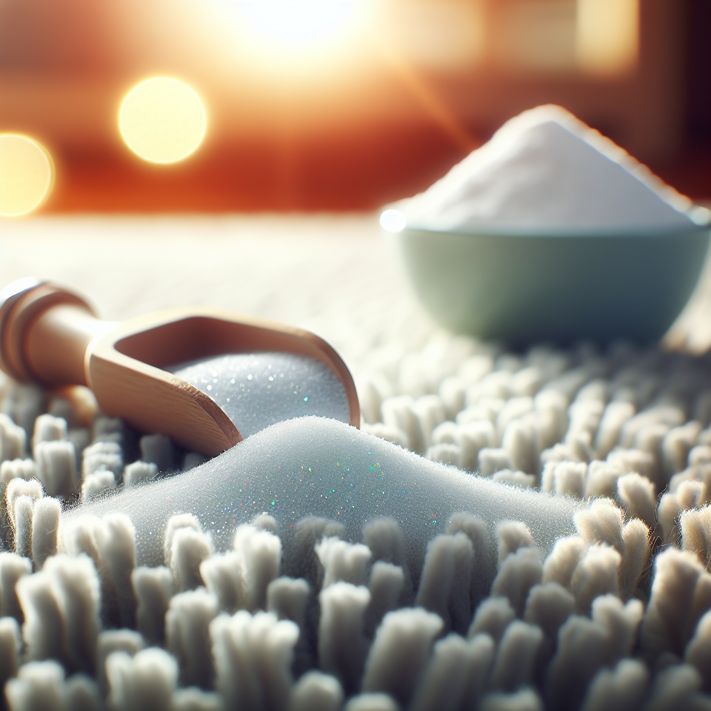 A close-up, macro shot of vibrant, clean carpet fibers, sparkling as if freshly cleaned. In the softly blurred background, a small, open bag or bowl of baking soda is visible, symbolizing the simple yet effective cleaning method. The lighting is soft and warm, emphasizing the freshness and softness of the carpet. Realistic style.