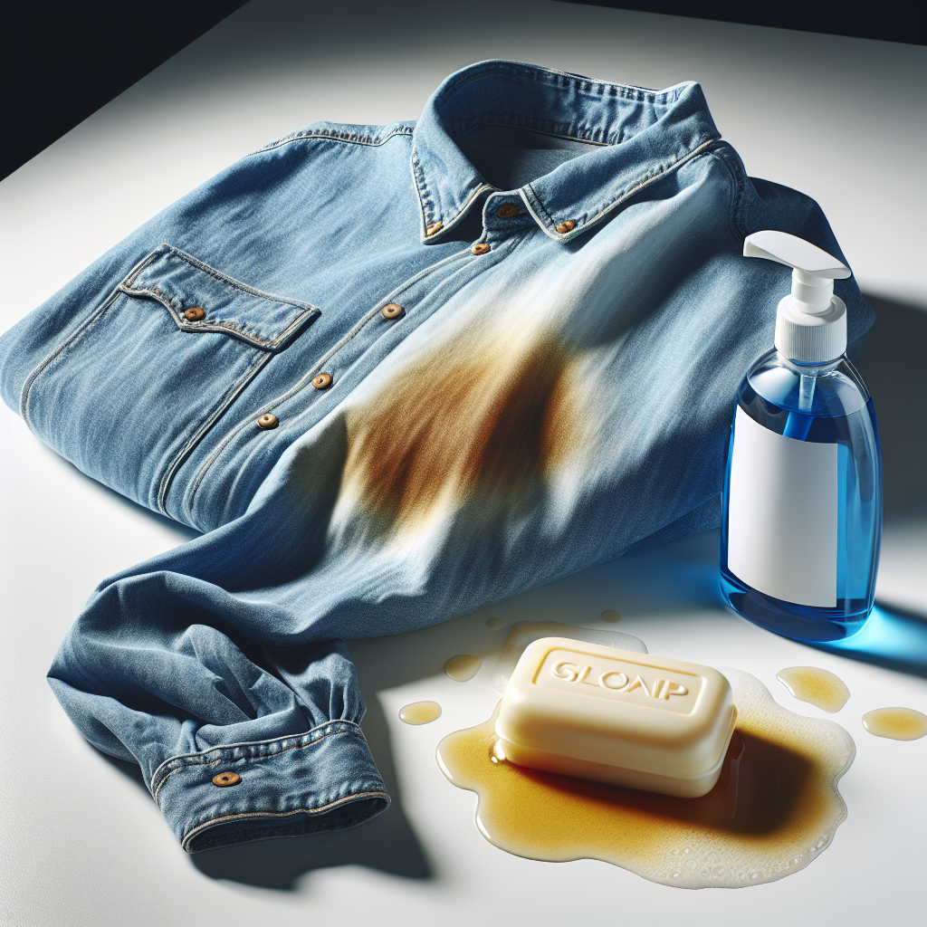 A crumpled blue denim shirt with a visible, slightly oily turpentine stain, placed on a clean white countertop. Next to the shirt are a bottle of liquid dish soap and a bar of traditional gall soap, ready for use. The scene is well-lit, emphasizing the cleaning materials and the challenge of the stain. Realistic photography style.