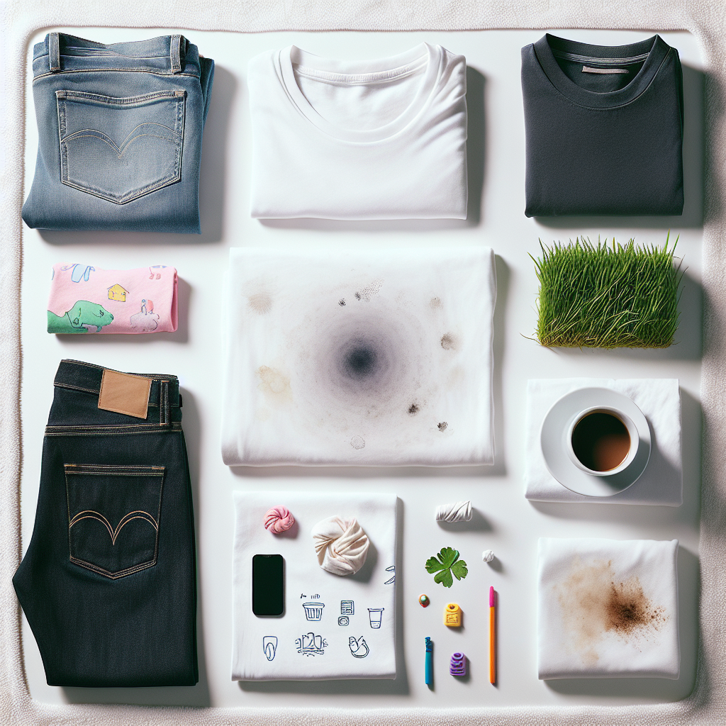 A visually appealing flat lay showcasing a collection of clean, neatly folded textiles: a crisp white shirt, a pair of dark jeans, and a colorful child's t-shirt. Arranged around them are small, symbolic elements representing vanquished stains, such as a tiny, faded coffee cup outline, a small, barely visible grass smudge, and a small, almost invisible ink pen mark. The overall impression is one of cleanliness, freshness, and success. Bright, studio-like lighting.