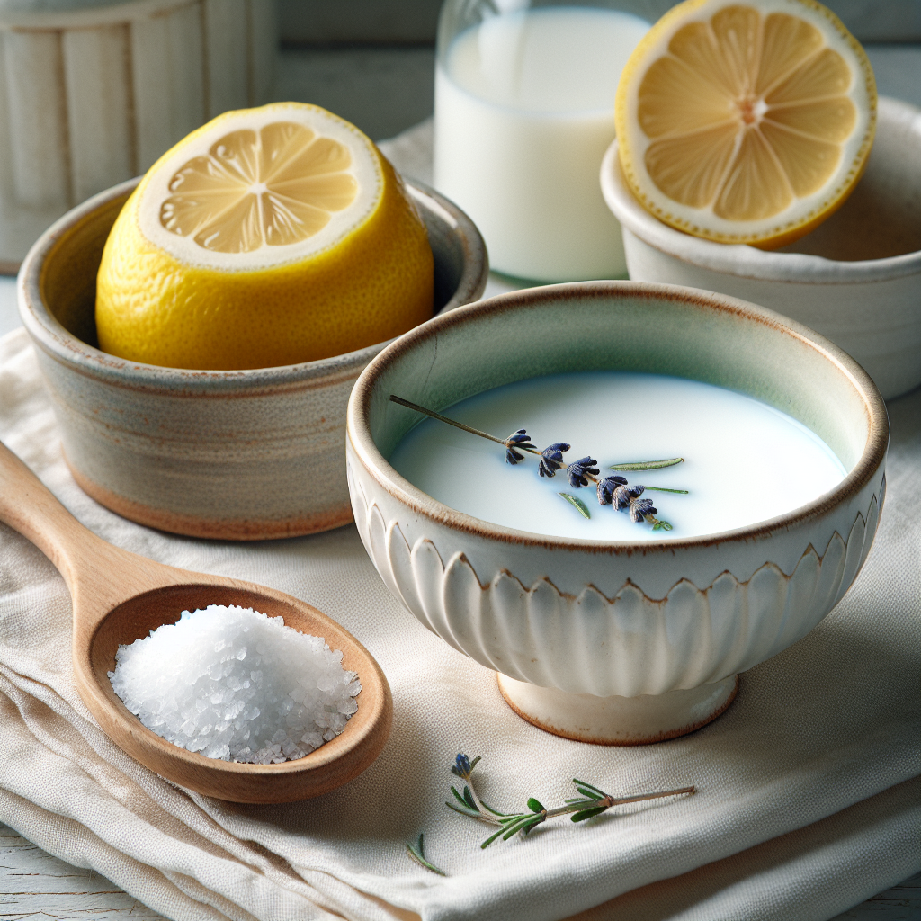 A visually appealing still life composition of natural home remedies for ink stain removal. In the foreground, a small, elegant ceramic bowl contains milk with a corner of a white fabric gently soaking in it. Nearby, there's a freshly cut yellow lemon, a small mound of white sea salt, and perhaps a sprig of a cleaning herb like lavender. The scene is bright and clean, set on a light wooden or marble surface, with soft, warm lighting emphasizing natural solutions.