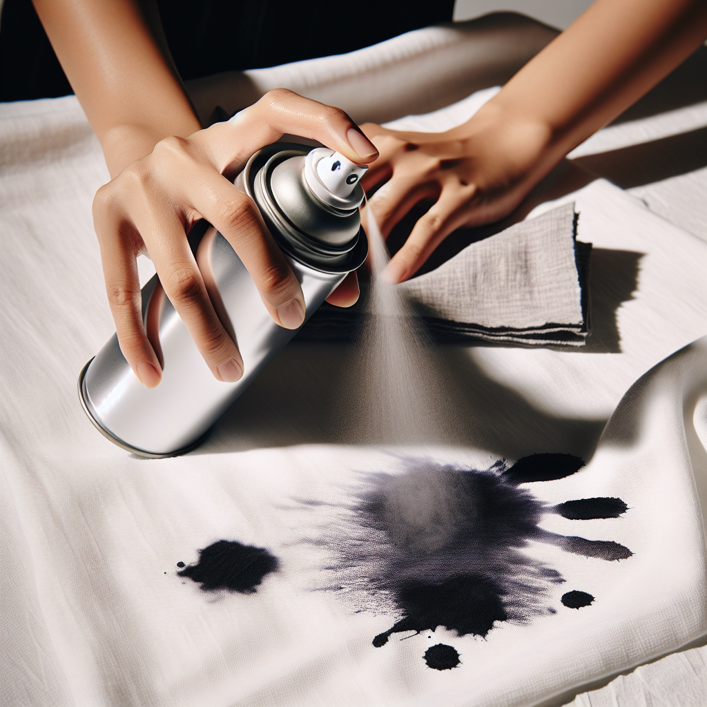 Close-up of a hand spraying a can of hairspray onto a fresh, dark ink stain on a white fabric. An absorbent paper towel or cloth is placed underneath the fabric to catch excess. Bright, clean setting, product photography style, emphasizing the cleaning process.
