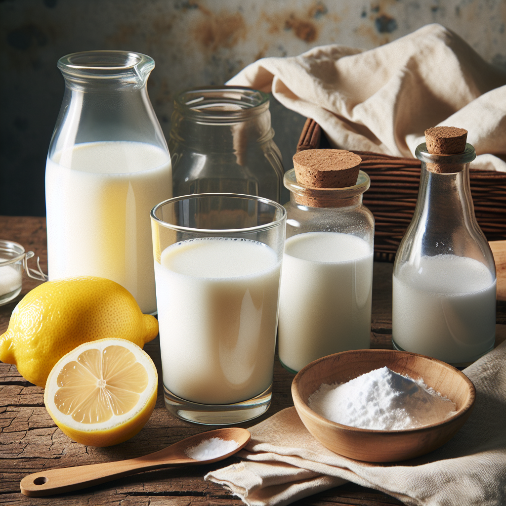 A curated still life featuring natural ink stain removers: a glass of milk, a halved lemon, a bottle of white vinegar, and a small bowl of baking soda. Arranged on a rustic wooden table, with a subtly cleaned ink-stained fabric in the background. Bright, inviting, and clean aesthetic with natural light.