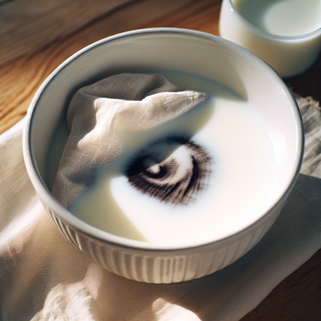 A detailed, clean shot illustrating the home remedy for ink stains: A piece of light-colored fabric with a visible ink stain is partially submerged in a white bowl filled with fresh milk. The setting is a bright, clean kitchen, emphasizing natural, simple solutions. Realistic photography, soft focus on the fabric and milk.