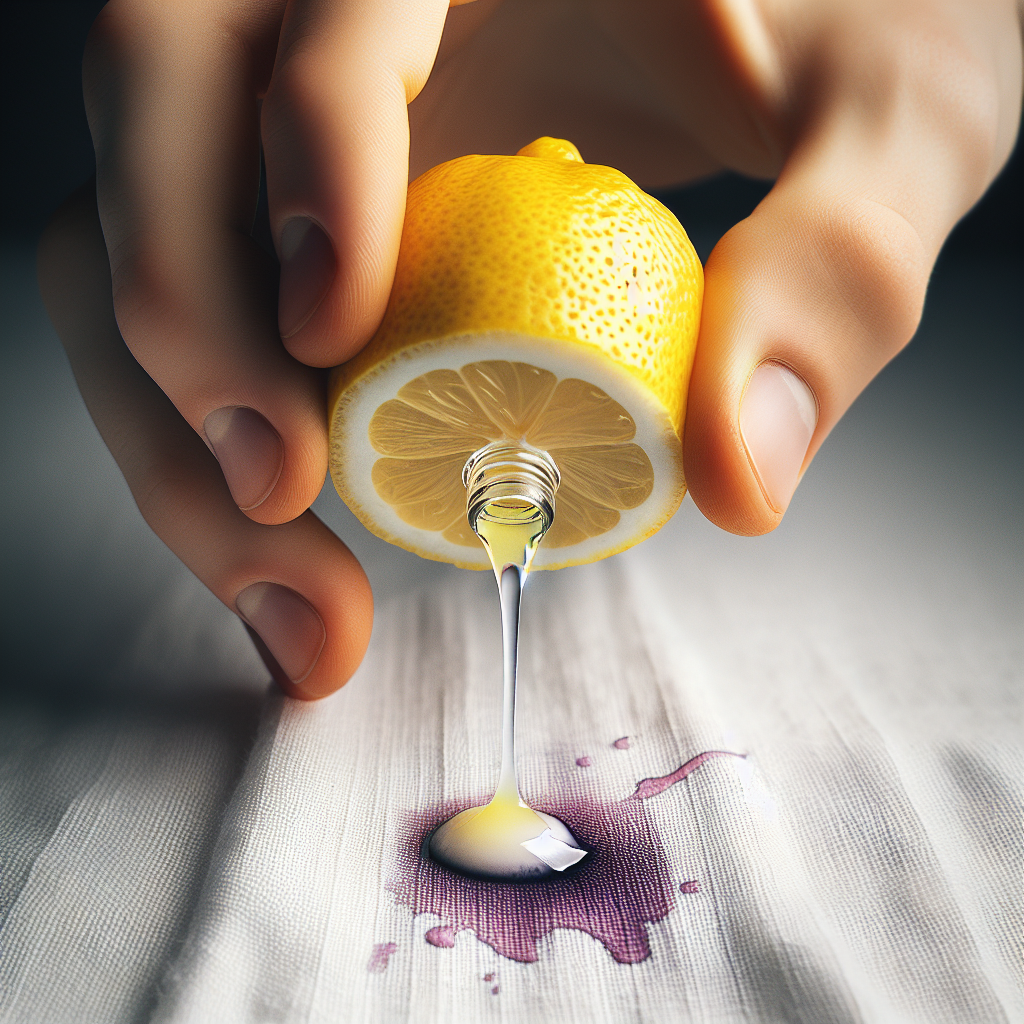 A close-up, eye-level shot of a hand squeezing a fresh, half-cut lemon, with drops of lemon juice falling directly onto a small, light purple ink eradicator stain on a white textile surface. The background is softly blurred. Bright, clean aesthetic. Studio photography style.