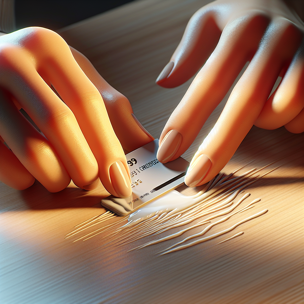 A pair of hands, with a focus on careful action, gently scraping away a semi-dried white Tipp-Ex spill from a smooth, light wooden desk using the edge of a plastic credit card. The scene is bright and clean, emphasizing precision and the initial step of stain removal. Warm, inviting lighting. Photorealistic, detailed.