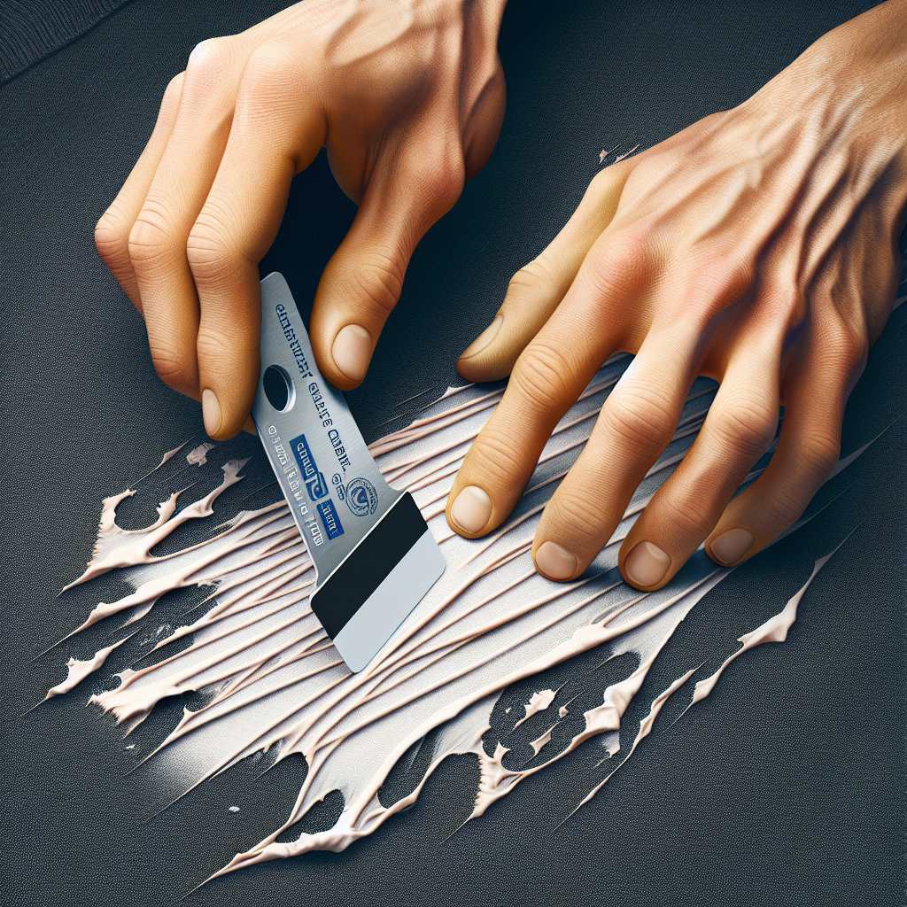 A realistic, top-down photograph showing hands in the process of carefully scraping a dried white Tipp-Ex (correction fluid) stain off a dark fabric. A silver-edged credit card is gently removing small flakes of the white fluid from the textile. The focus is on the action and the tools, with good detail on the fabric and the scraping process. Clean, bright studio lighting.