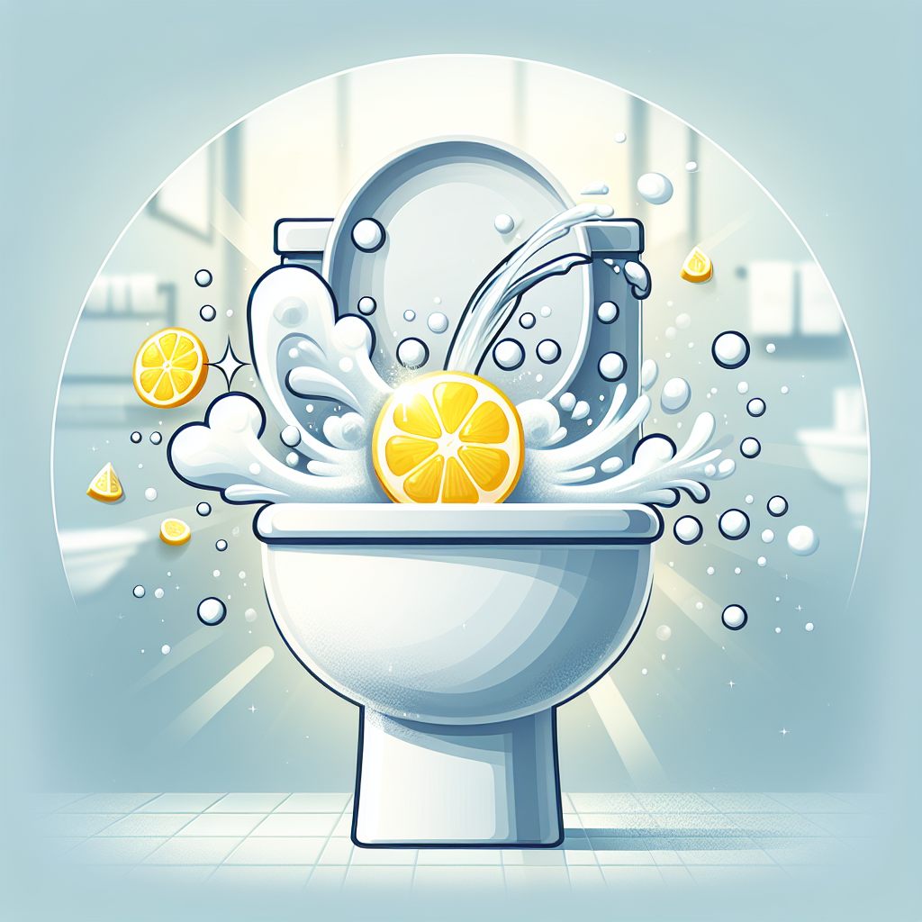 An artistic, slightly whimsical illustration showing a white toilet bowl being effectively cleaned by a dynamic, effervescent stream of natural ingredients. Visible elements include a stylized splash of vinegar, lemon slices, and baking soda bubbles swirling within the bowl, conveying powerful and natural cleaning action. The background is a blurred, clean bathroom setting. --ar 16:9