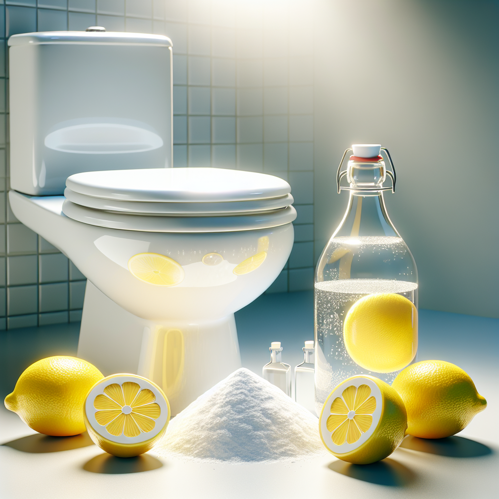 Sparkling clean white toilet bowl, gleaming brightly. Around the toilet or on a nearby clean surface, an aesthetic arrangement of fresh lemons, a glass bottle of white vinegar, and a small pile of baking soda powder, suggesting natural and effective cleaning. Bright, inviting, realistic style, focusing on the clean result.