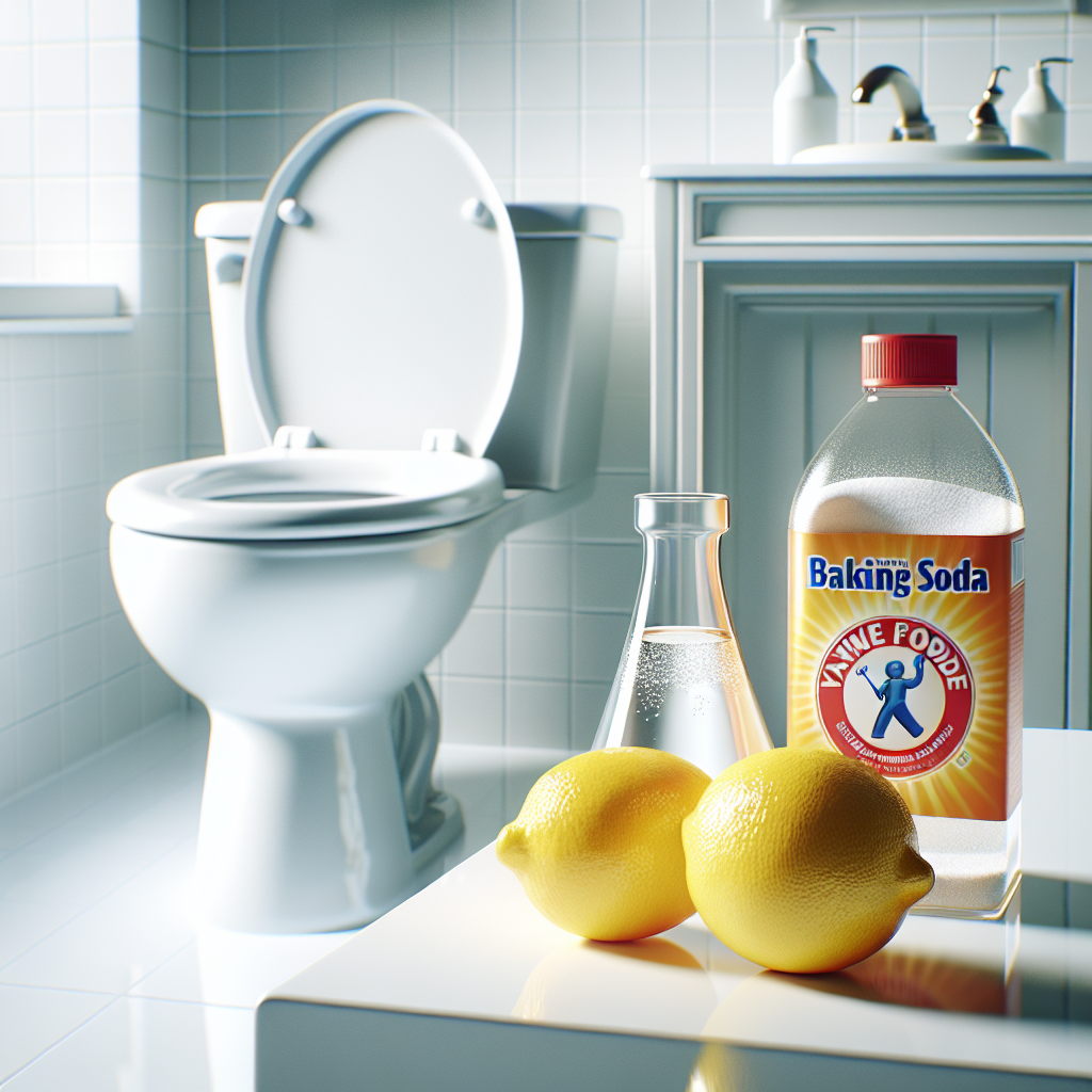 A sparkling clean, gleaming white toilet bowl, pristine and hygienic. In the foreground, a bottle of vinegar, fresh lemons, and a box of baking soda are neatly arranged on a clean bathroom counter, ready for cleaning. Bright, clear, product photography style.