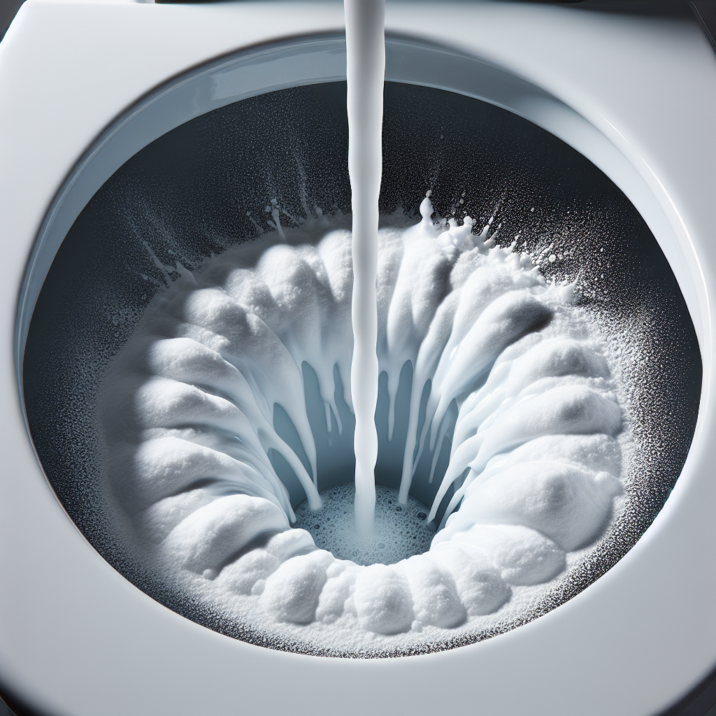 A dynamic close-up of a white ceramic toilet bowl. White baking soda powder has been sprinkled into the bowl, and a stream of clear white vinegar is actively being poured onto it, creating a vibrant, effervescent foaming reaction. The foam is thick and bubbly, filling parts of the bowl, signifying a powerful cleaning action. The image should convey cleanliness and the chemical process.