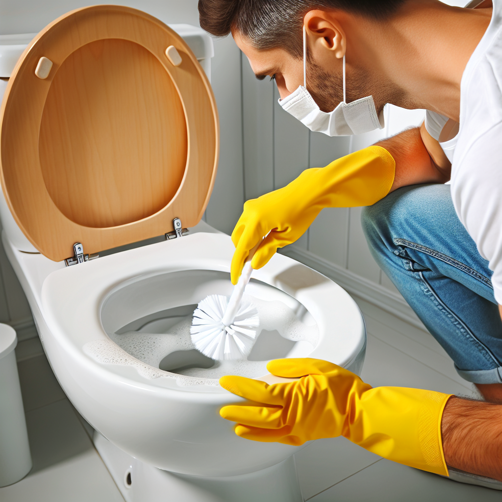 A person wearing a yellow rubber cleaning glove is effectively scrubbing under the rim of a white ceramic toilet with a specialized toilet brush. There's a subtle hint of cleaning foam or liquid. The cleaned area under the rim looks noticeably brighter and cleaner, conveying a sense of hygiene and successful cleaning. Bright, clean bathroom setting.