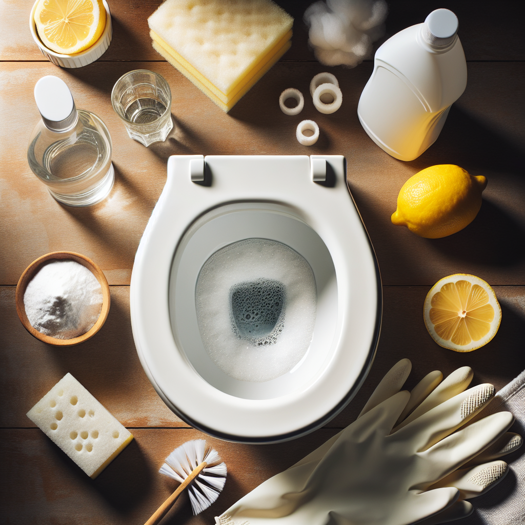 A top-down, clean, and bright flat lay composition showcasing the effective house remedies. In the center, a pristine white toilet seat with small piles of white baking soda (Natron) and a small amount of liquid, possibly vinegar (Essig) or dissolved citric acid, gently fizzing. A fresh lemon, a clean sponge, and a pair of white cleaning gloves are neatly arranged around the toilet seat. The lighting is soft and natural, emphasizing cleanliness and natural cleaning solutions.