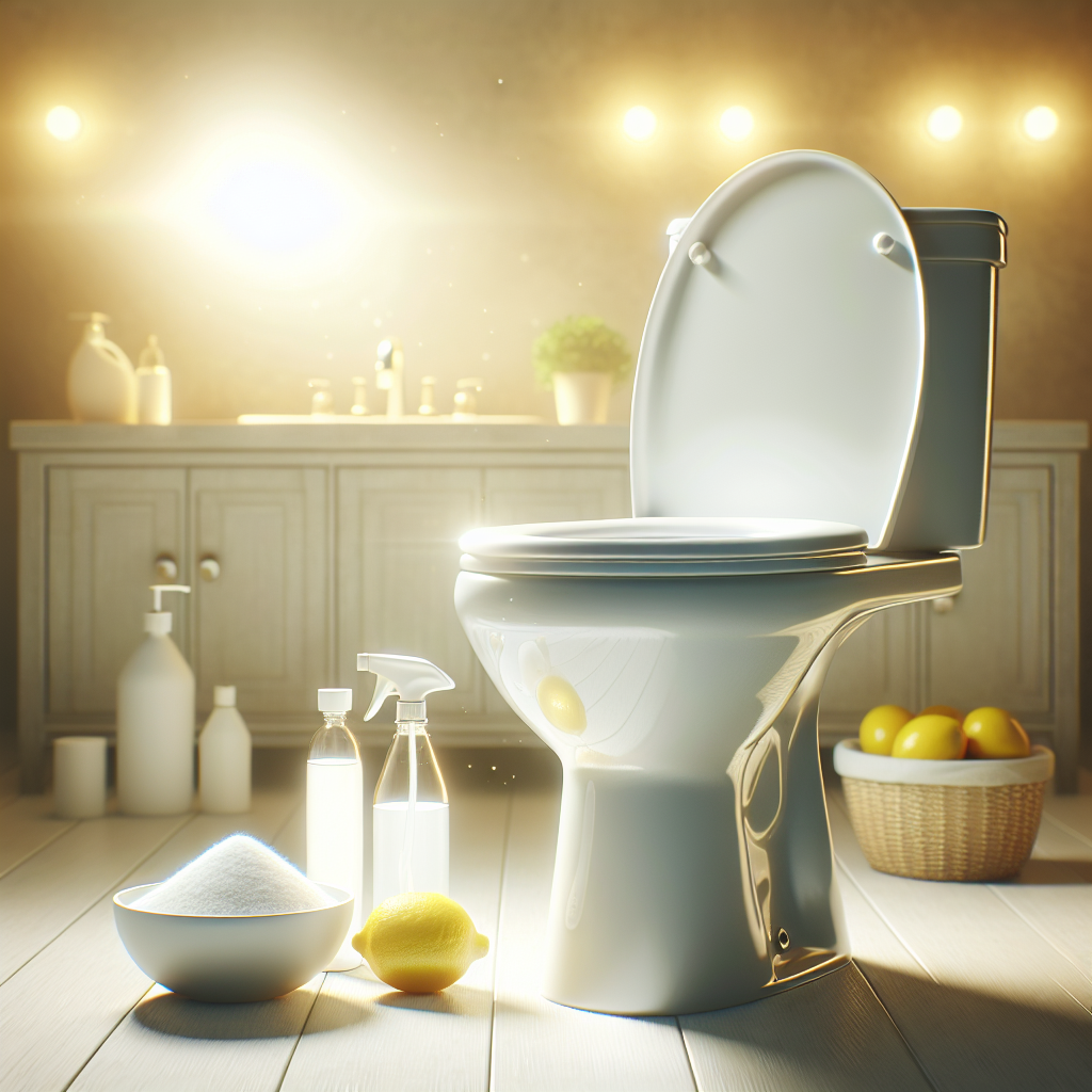 A pristine, sparkling clean white toilet seat in a bright, modern bathroom. In the softly blurred background, a fresh lemon, a bottle of white vinegar, and a small bowl of baking soda are subtly visible, symbolizing natural and effective cleaning solutions. The overall mood is fresh, clean, and inviting.