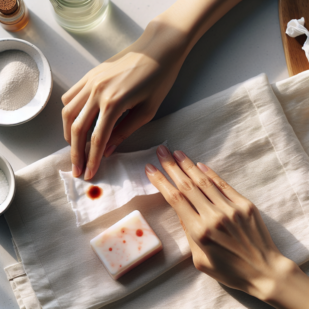 A top-down, brightly lit scene in a modern laundry room or kitchen. A person's hands are gently dabbing a light-colored fabric (e.g., a white napkin or small cloth) with a bar of natural gall soap, clearly targeting a visible, but now fading, red tomato sauce stain. In the background, out of focus, are subtle hints of other natural cleaning agents like a bottle of white vinegar or a small bowl of baking soda. Clean, fresh aesthetic, soft natural light.
