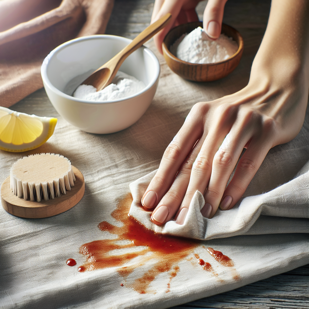 A pair of hands, focused on the task, gently applies a thick paste made of baking soda and water onto a tomato sauce stain on a light-colored fabric. A small bowl of baking soda and a lemon are subtly placed nearby on a clean countertop. The image conveys a practical and careful approach to stain removal, with natural, bright studio lighting.