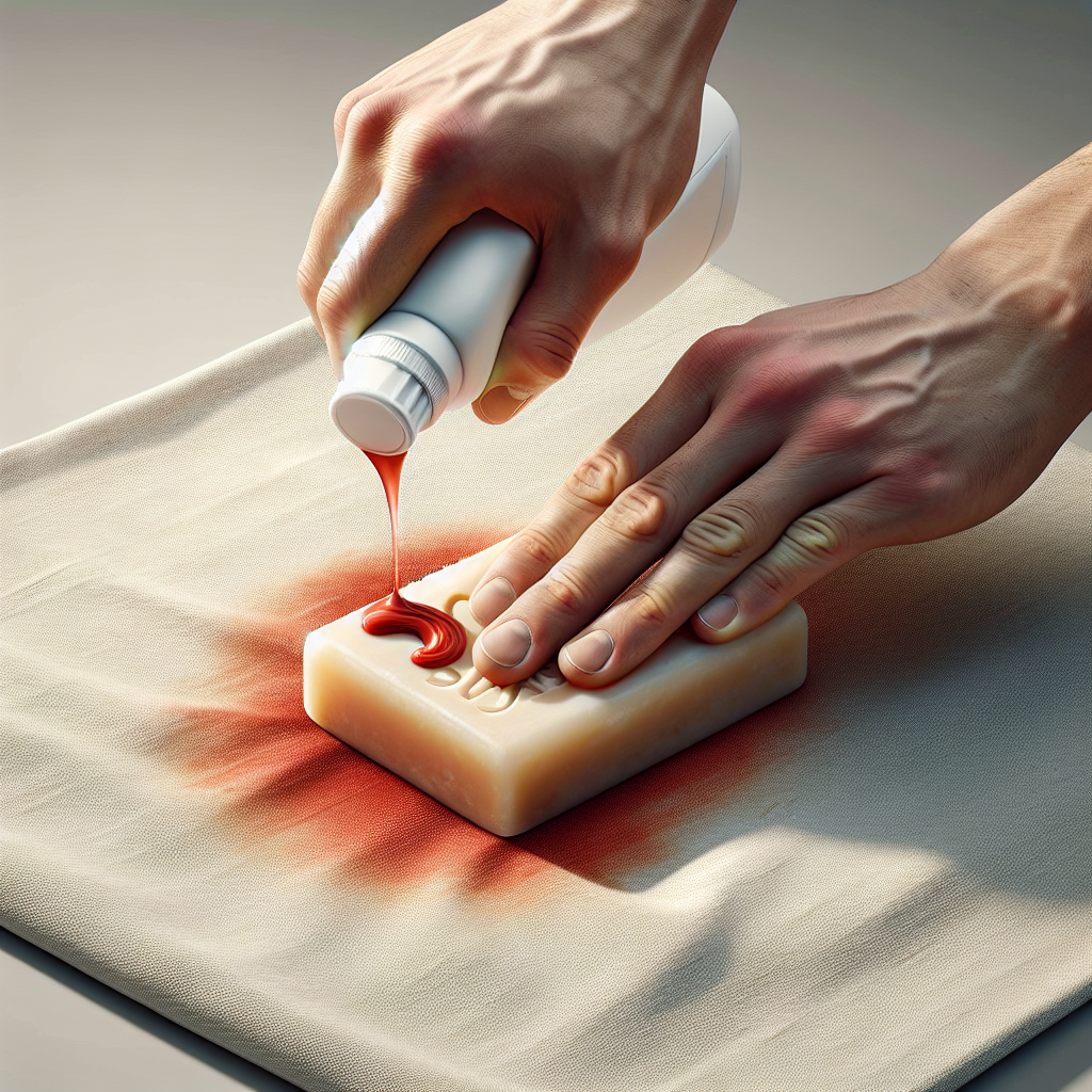 A pair of hands gently applying a small amount of liquid laundry detergent or rubbing a bar of gall soap onto a small, visible red tomato sauce stain on a light-colored piece of fabric. The fabric is laid flat on a clean, neutral surface, with a focus on the detailed action of stain treatment. The scene is well-lit and depicted in a realistic, practical photography style.