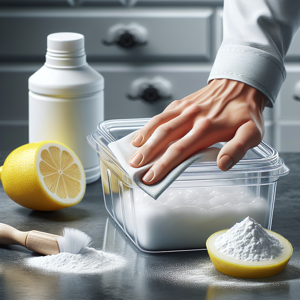 A hand holding a sponge, gently wiping a clean, sparkling clear plastic food container on a kitchen counter. Next to it are a small pile of white baking soda and a sliced lemon, suggesting cleaning agents. The container is completely free of stains, conveying a sense of freshness and effectiveness. Realistic photo.