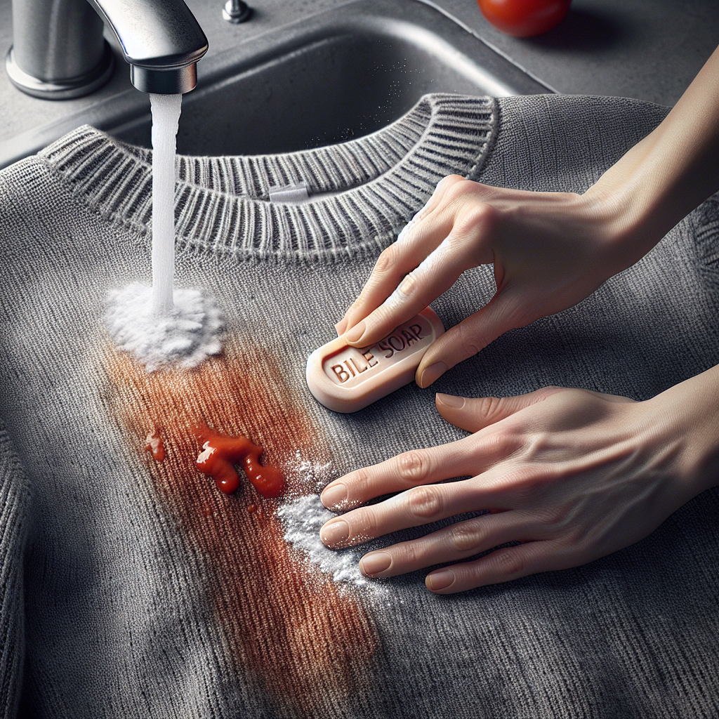 A detailed, realistic close-up of hands applying a natural cleaning agent (like a bar of bile soap or a sprinkle of baking soda) directly onto a tomato sauce stain on a medium-grey knit sweater. The texture of the sweater fabric is prominent. In the background, out of focus, a running faucet with cold water suggests the rinsing process. The scene is well-lit, clean, and practical, emphasizing the act of effective stain removal with a calm, focused approach.