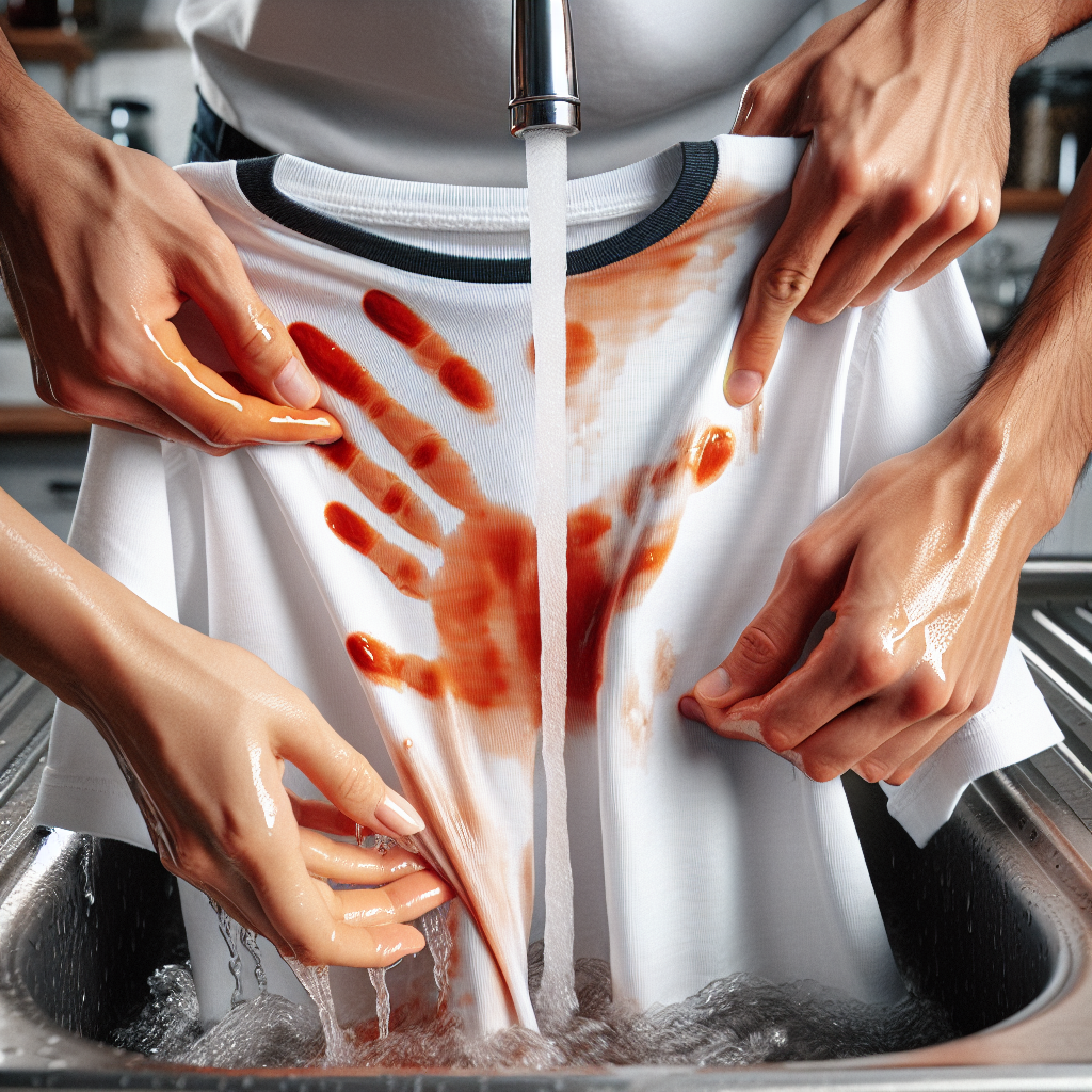 Close-up of hands holding a white t-shirt with a tomato sauce stain, rinsing the back of the stained area under a stream of cold running water from a kitchen faucet. The water is actively flushing the stain. Bright, clean kitchen environment. Focus on the action and the water.