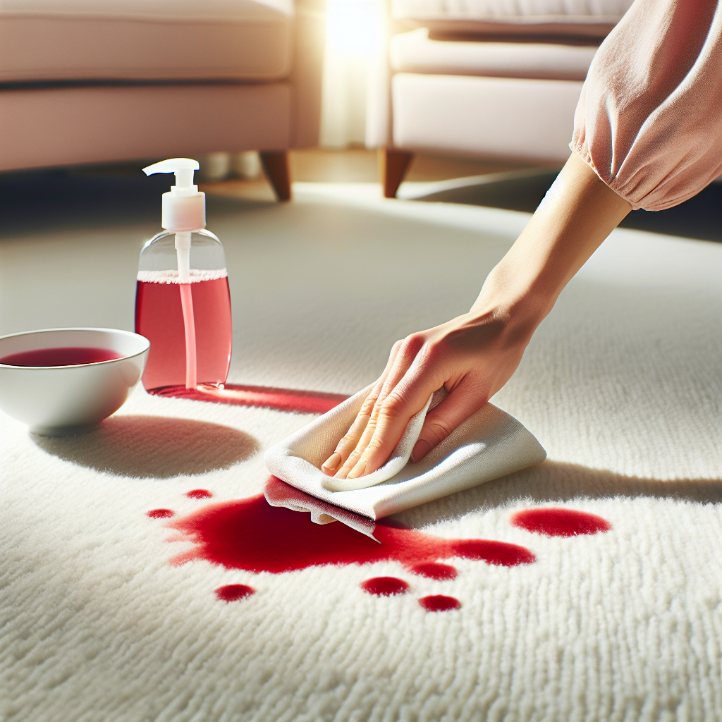 A soft, bright image showing a human hand gently dabbing a small, almost removed red tomato stain on a clean, light-colored carpet with a white cloth. In the background, a small bottle of dish soap and a bowl of water are visible, suggesting the cleaning process. The scene conveys a sense of success and cleanliness returning, with soft, natural light.