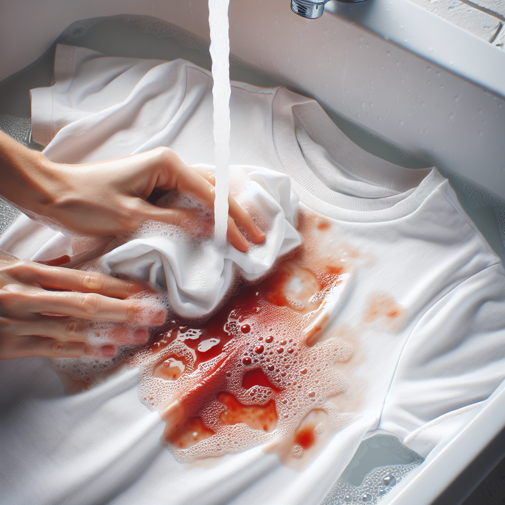 Hands gently dabbing and scrubbing a red tomato sauce stain on a white fabric, possibly a t-shirt, under a stream of cold water. Soap suds are visible, suggesting the active cleaning process, with the stain beginning to lighten. Bright, clean bathroom or utility room setting.