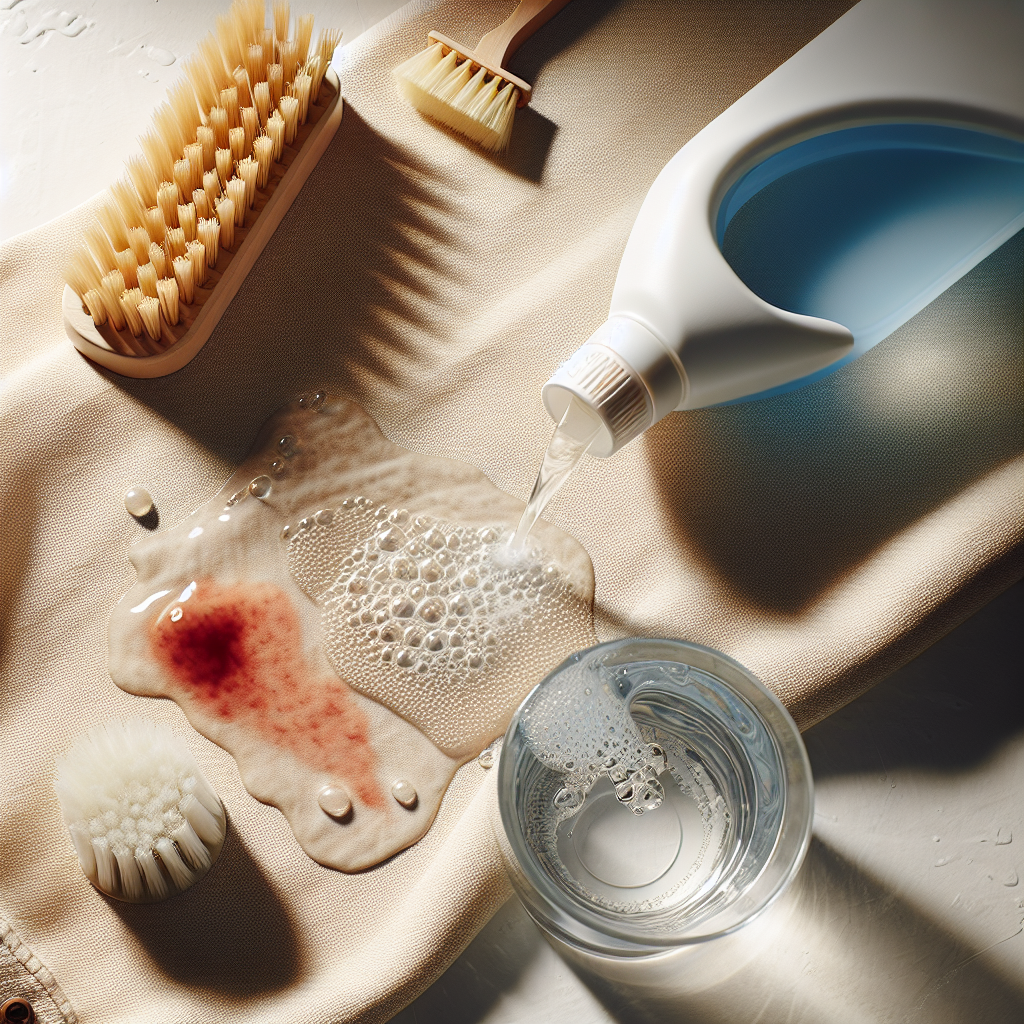 An overhead, bright studio shot displaying various stain removal tools: a bottle of liquid laundry detergent, a small cleaning brush, and a gentle stream of cold water actively rinsing a lingering red tomato sauce stain on a light beige textured fabric. The composition conveys efficiency and the process of effective cleaning. Realistic, clean aesthetic.