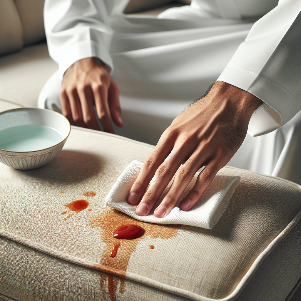 A person's clean hand gently dabbing a visible but fading red tomato sauce stain on a light beige sofa cushion with a white cleaning cloth. A small bowl of clear, soapy water is subtly visible next to it. The scene conveys careful, effective stain removal and a sense of progress. Bright, natural lighting, soft focus.
