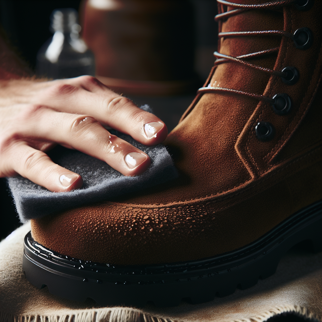 A close-up shot of a hand gently and evenly wiping the suede surface of an UGG boot with a clean, slightly damp cloth or sponge. The boot's material around the wiping area shows a uniform, subtle dampness, illustrating the technique to remove water stains by re-wetting the entire surface. Soft, natural light.