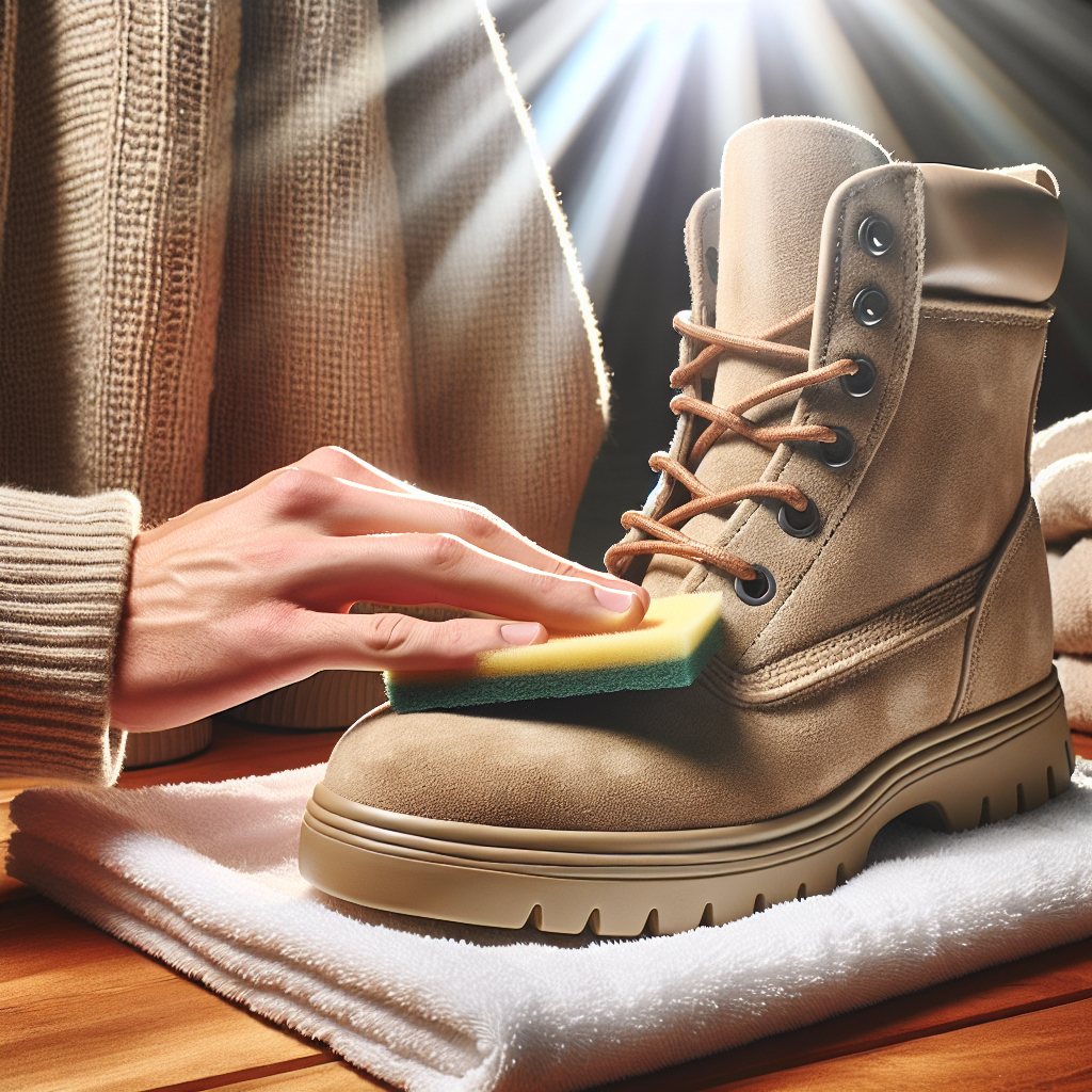 Close-up of a pair of beige UGG boots undergoing a gentle cleaning process. A hand holding a soft, damp sponge carefully and evenly moistens the suede surface of one boot, removing visible water stains. The boot is propped up, perhaps on a clean towel, in a well-lit, clean environment. Focus on the meticulous care and the smooth, revitalized texture of the suede. Realistic, soft lighting.