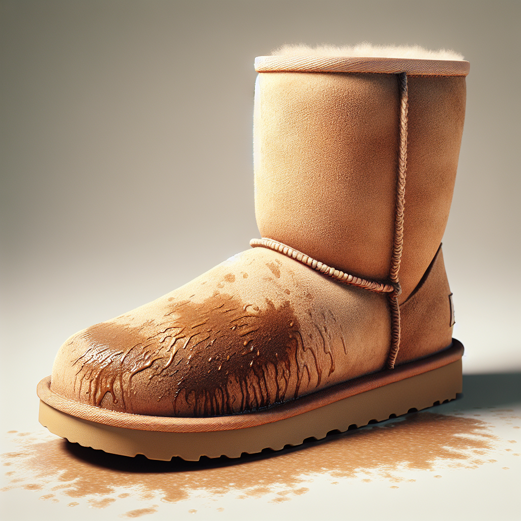 A classic light brown Ugg boot with prominent, irregular water stains visible on its suede surface, creating an uneven discoloration. The boot stands on a clean, neutral background, emphasizing the texture and the damage. Soft, diffused lighting, in a realistic, high-quality photograph.